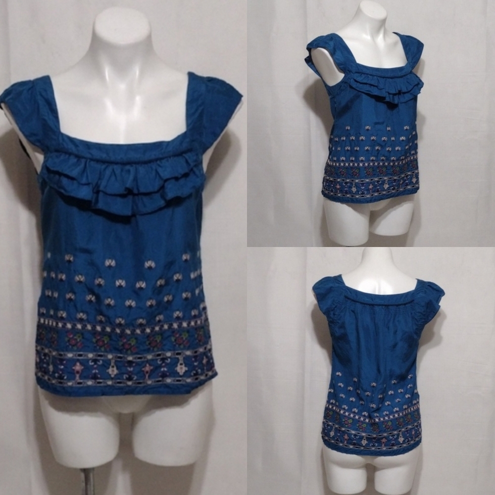 Anthropologie Floreat Silk Embroidered Babydoll Tank Top Ruffle Trim Boho Size 2